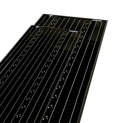 A close-up of a black solar panel with multiple parallel metallic contacts or busbars on a plain white background.