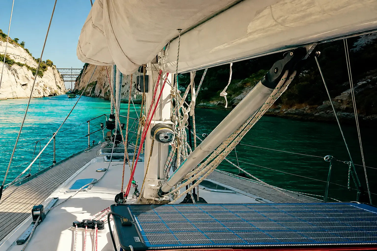 SOLARA solar panel on a sailing boat in the Corinth Canal, Greece